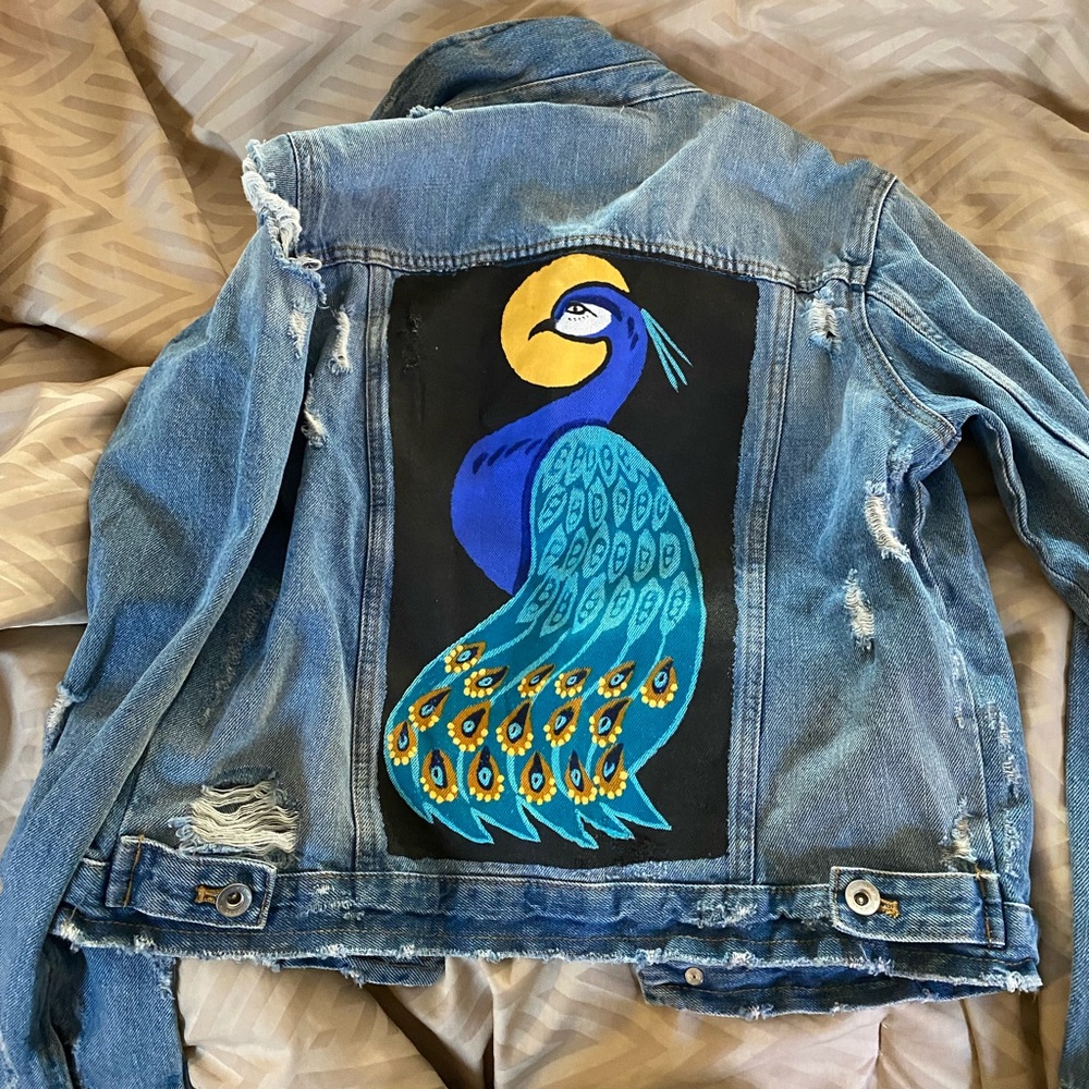 Distressed Zara denim jacket with peacock on the back, size medium